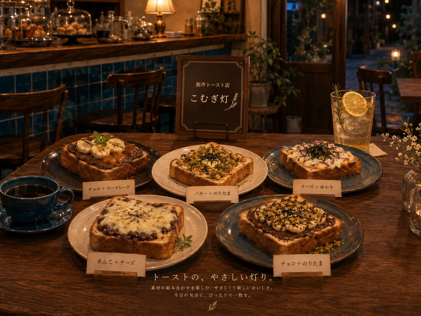チョコとマーマレード、バターとのりたま、チーズとゆかり、あんことチーズ、チョコとのりたまの創作トースト。